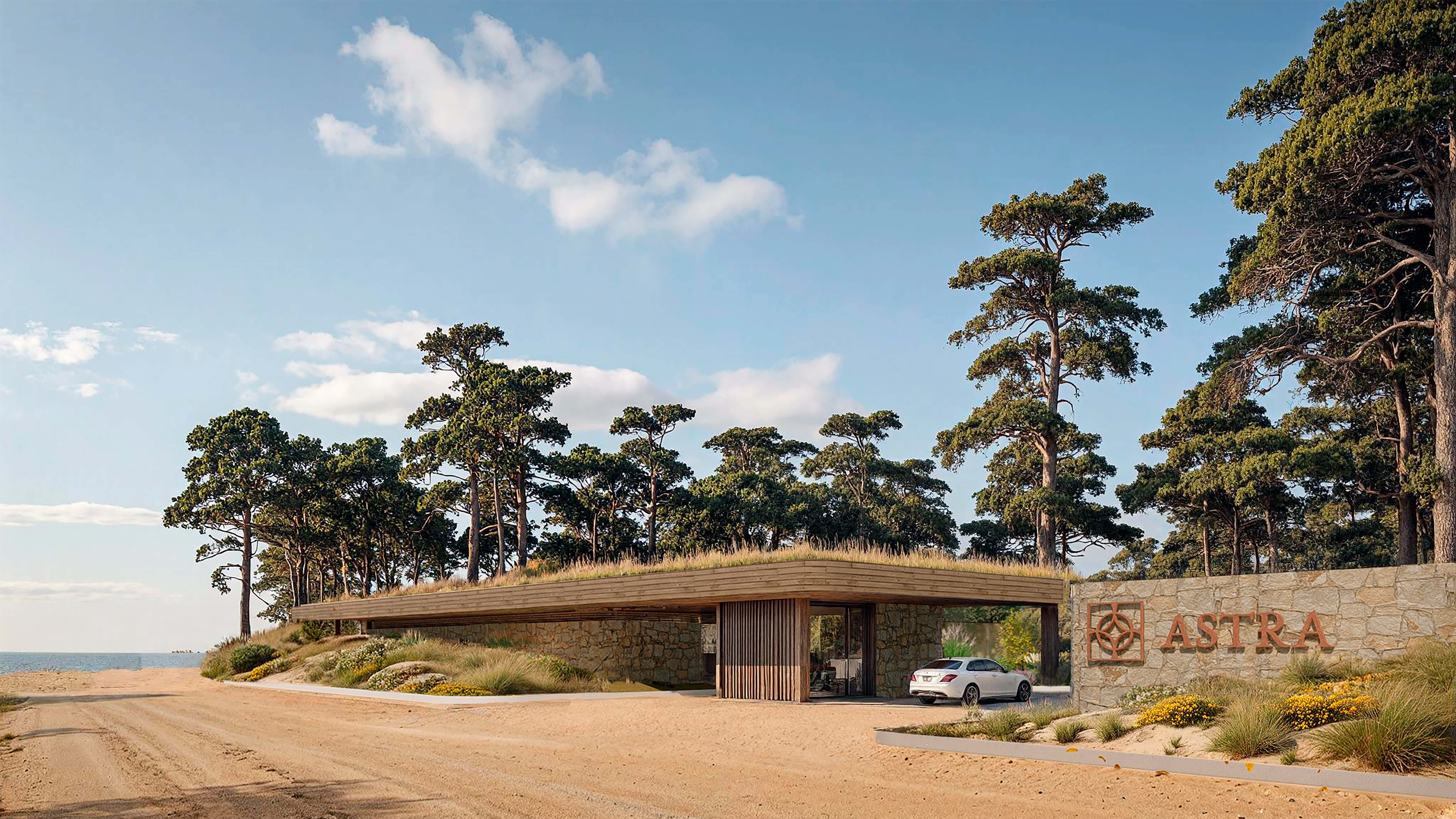 Acceso principal a Astra - Render arquitectónico del ingreso al barrio